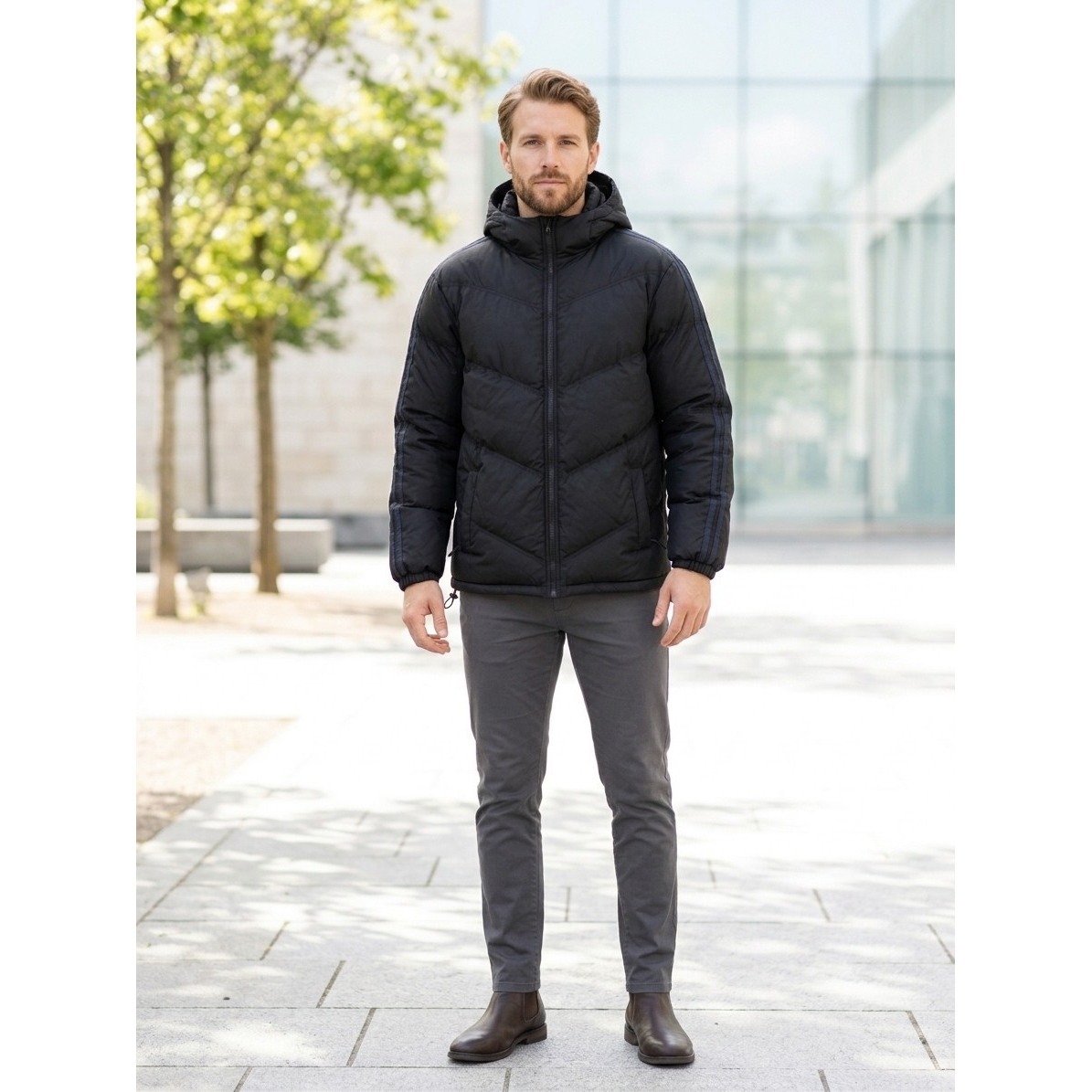 Black With Blue Stripped Puffer Zip Up Jacket